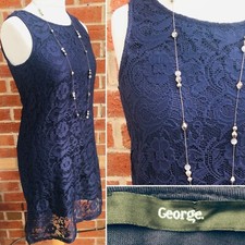 GEORGE Size 12 Navy Blue Lace Dress Evening Party Summer Stretchy L6