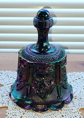 FENTON Iridescent Amethyst 5.5" Carnival Glass BELL "Gothic Sable Arch" Pattern.