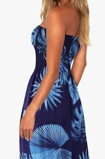 Womens Tube Top Dress Size Small Navy w Blue Leaves Summer Beach Coverup Flowy 