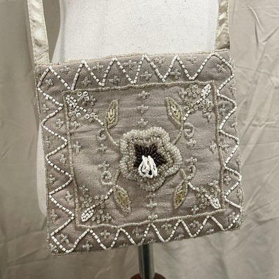 Cottage Core Tan Small Beaded Cloth Bag Boho Chic EuroSummer