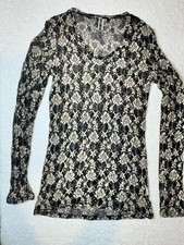 BKE Buckle Sheer Lace Long Sleeve Top Black Tan Floral Pattern