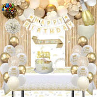 Geburtstagsdeko Set Gold Beige Weiß Mit Banner, Luftballons, SchäRpe, Pompons