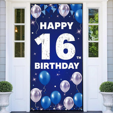 Happy 16Th Birthday Decorations for Boys Girls - Fabric Blue Silver 16 Birthda