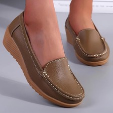 Women Pumps Slip On Walking Driving Loafers Leather Casual Low Heel Wedge Shoes