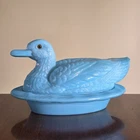 Vintage Westmoreland Duck Mallard on Nest Candy Dish Blue Milk Glass 7.75"/ READ