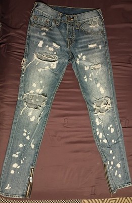 True Religion Distressed Paint-Splatter Skinny Denim Jeans Blue Men s