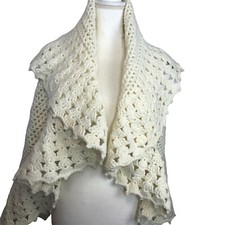 Vintage 70s White Shawl Sweater Vest Cardigan Granny Boho
