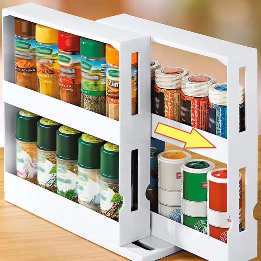 2 Tier Spice Rack Pull Out Kitchen Storage Rack Seasoning Jars Organizer