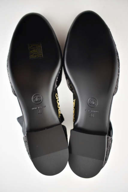 Chanel 20S Black Sequin CC Logo Mary Jane Ankle Strap Ballet