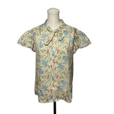 70s 80s Prospectus Cream Floral Print Top Medium Pussybow Ruffle Tiered Sleeves