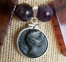 Collana con ciondolo ametista/agata originale antica moneta di Augusto sterling 925