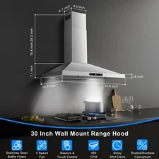 Zomagas 30" Wall-Mounted Kitchen Range Hood Stainless Steel Silver Gesture/Touch