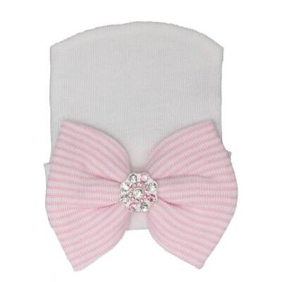 Newborn Baby Girls White Pink Jeweled Bow Hospital Hat