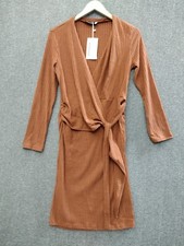 Prettywear Women's Ribbed Long Sleeve Mini Dress Light Brown-Line Wrap Chest M