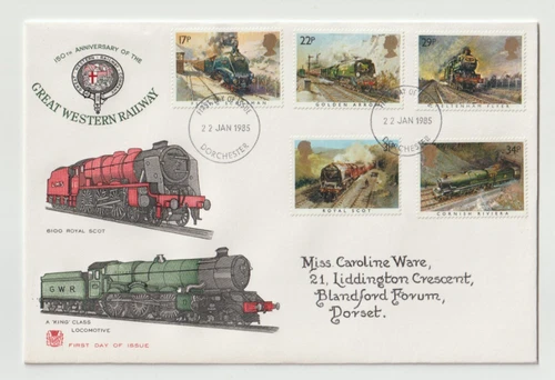 22/1/1985 GB FDC - Famous Trains - Great Western Railway - Dorchester FDI P/M