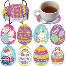 FOWSEEK 8 Pcs Easter Egg Diamond Painting Coasters, DIY Easter Bu