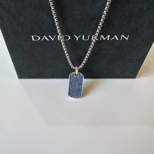 David Yurman 35mm Necklace Chevron Dog Tag Sterling Silver 925 with Sapphire