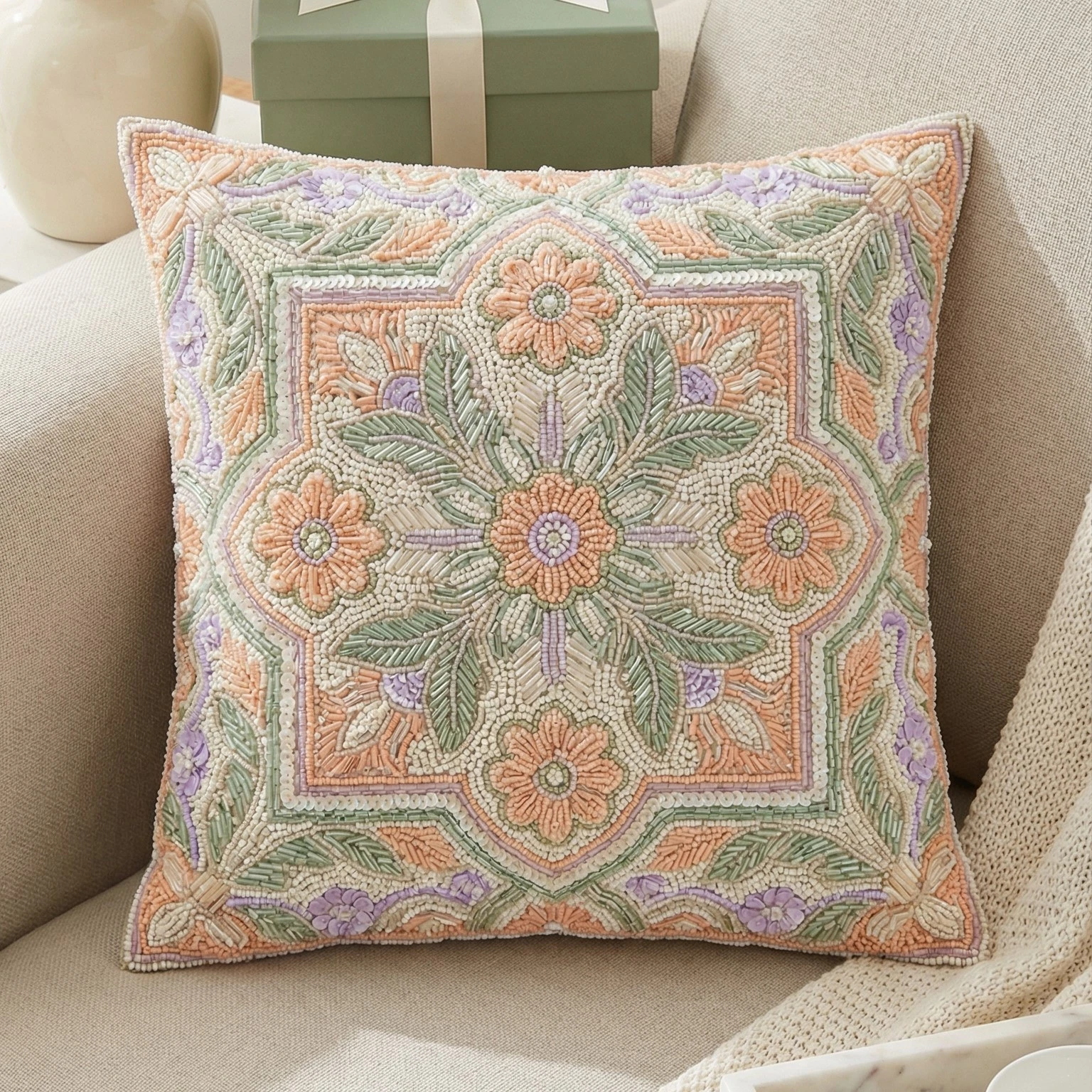 Luxury Hand Beaded Floral Throw Pillow Cover Boho Decorative Cushion Case 16x16
