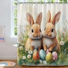 Easter Shower Curtain Happy Cute Bunny Daisy Floral Cloth Fabric Decor 70x70
