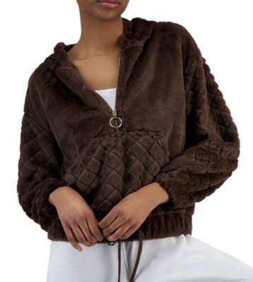 Daisy Fuentes Fuzzy Sweater Half Zip Hoodie Size Medium  Brown