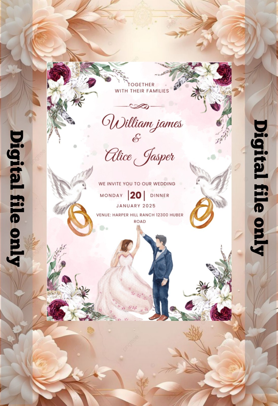 Printable Wedding Invitation, Personalised Invitation Digital Wedding Invitation