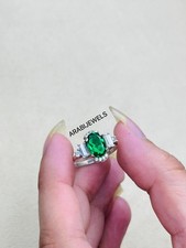 Oval Cut Emerald Ring 925 Sterling Silver Gift For Her Halo Engagement Ring.
