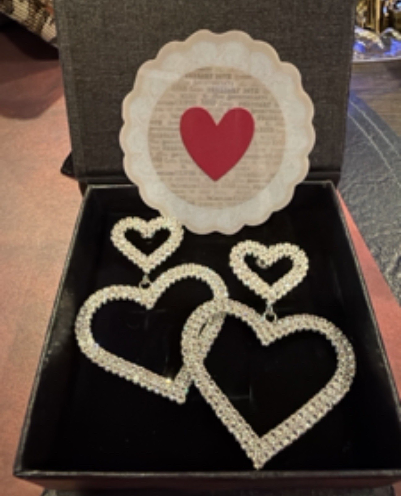 Statement Double Heart Rhinestone Drop Earrings S… - image 2