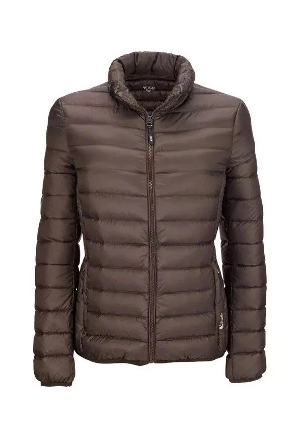 TUMI Pax Mens Packable Jacket Brown Full Zip Puffer Down Quilted Outdoor Small