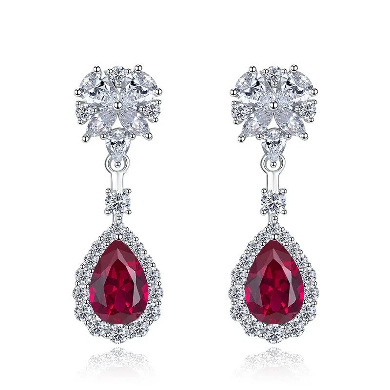 Lab Created Ruby & Diamond 14K White Gold Over Dangle Earrings for Women Gift - Image 2 of 4