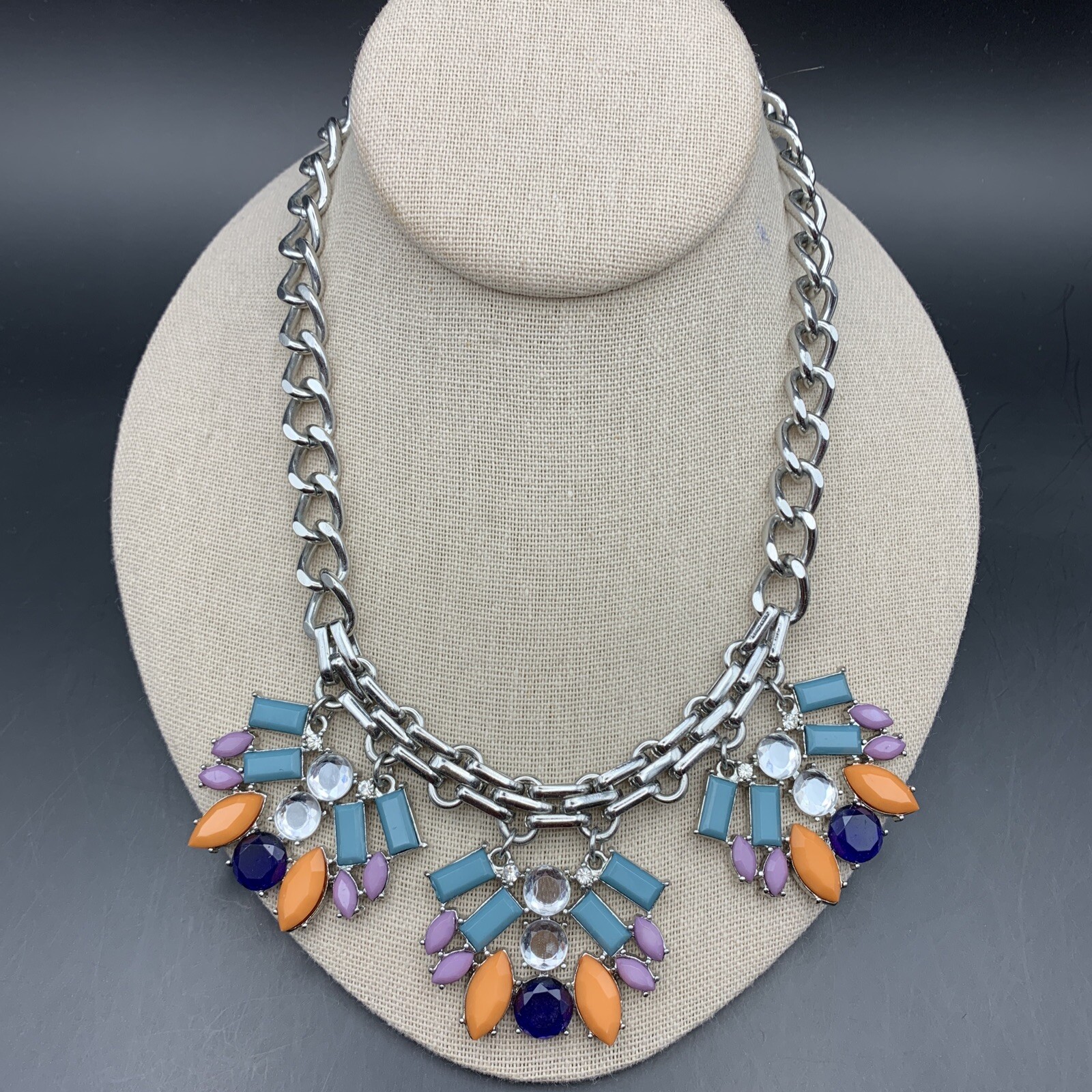 Bib Statement Necklace Multicolor Silver Tone Col… - image 1