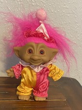 Vintage Troll Doll Russ 5" Clown Costume Jester Pink Hair Pink Eyes
