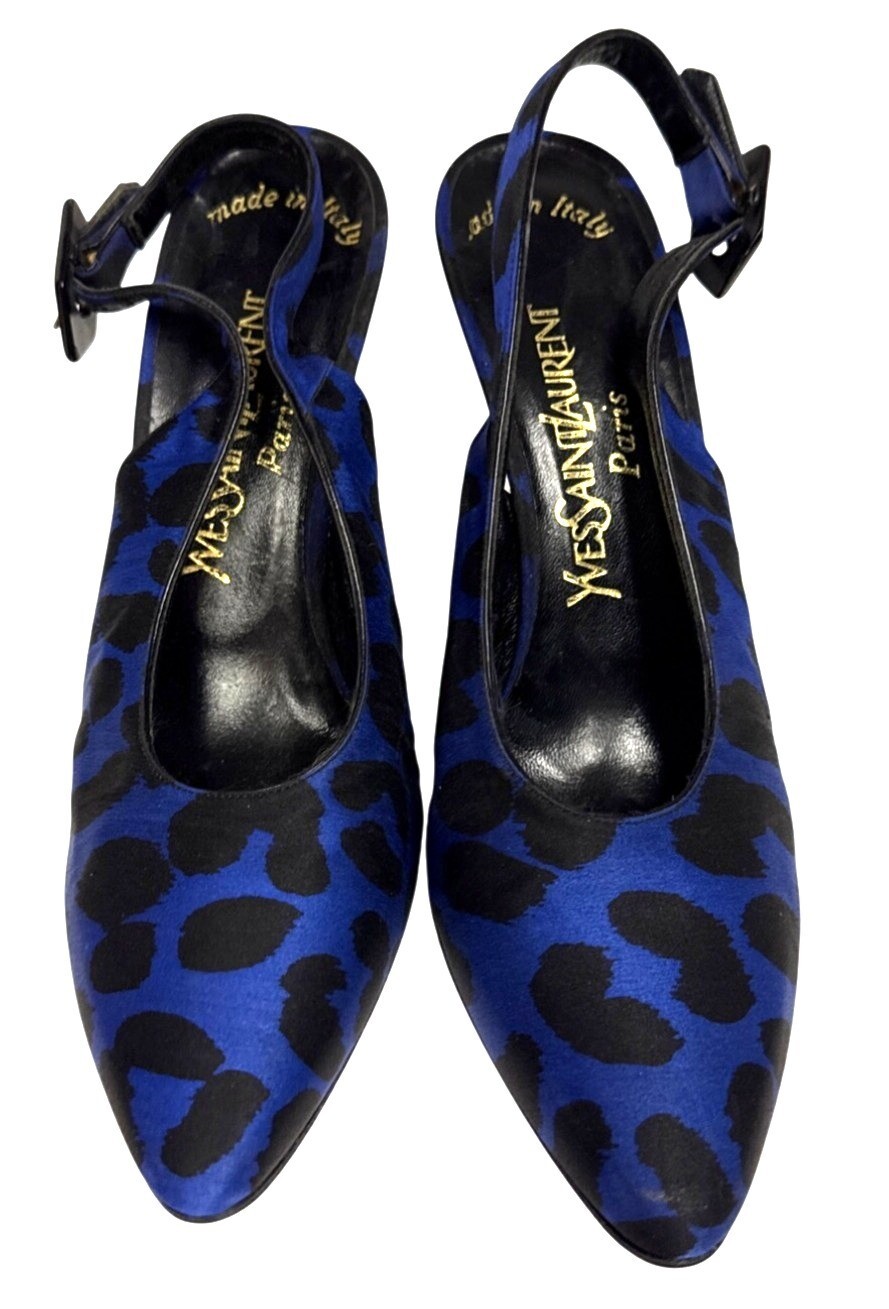 Scarpe decolte donna Yves Saint Laurent slingback tacco blu stampa animalier 8 5