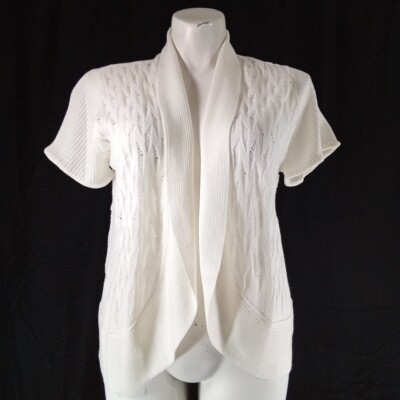 Sara Morgan Sweater Cardigan Ivory Open Front Ribbed Short Sl