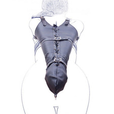 PU Leather Bondage Armbinder Behind Back Restraints Hood Mask for Couples BDSM
