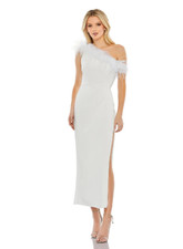 MAC DUGGAL A68147 WHITE FEATHER TRIM ONE SHOULDER DRAPE DRESS sz 4