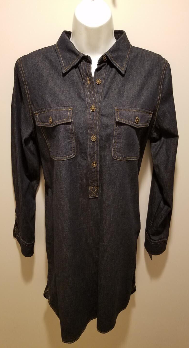 CHAPS Womens MEDIUM Denim Dark Rinse Jean Shirt Dress long Sleeve City Park