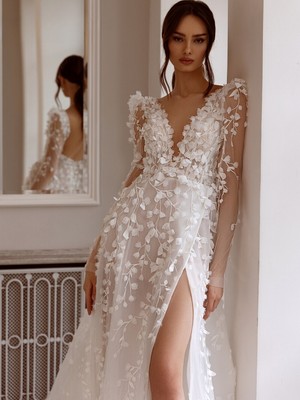 Sexy Deep V-neck Wedding Dresses Side Slit A-line Backless Applique Bridal  Gown | eBay