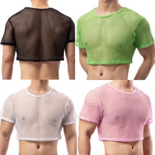 Men's Short Sleeve See Through Mesh Hollow Out T Shirts Party Clubwear Crop Tops