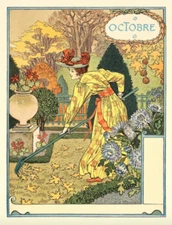 Postcard: Nouveau Print Repro - E. Grasset - October - Woman Raking in Garden