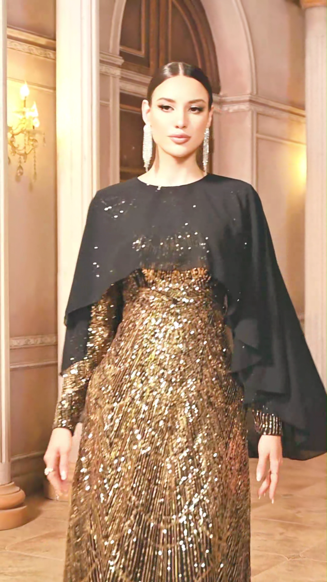 black and gold cape dress Black Evening Gown with Gold Sequin Beading, Elegant Cape Dress, Long  Formal Dre