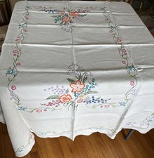 Vintage Hand Embroidered Floral Rectangular Linen Tablecloth 48”x 62” Flowers