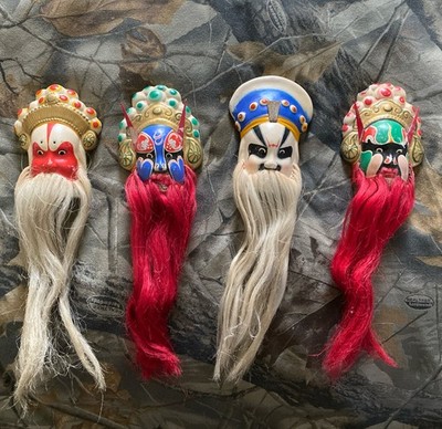 Chinese Beijing Opera Ceramic Bearded Masks NIB Lot of 4, Hand-Painted? VTG
