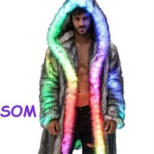 LED Light Up Faux Fur Hooded Coat Rave Festival Halloween Party Cosplay Outfit