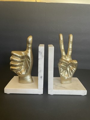 MCM Bookends Peace Sign & Thumbs Up Hand Symbol Sculpture Iron Marble Gold White