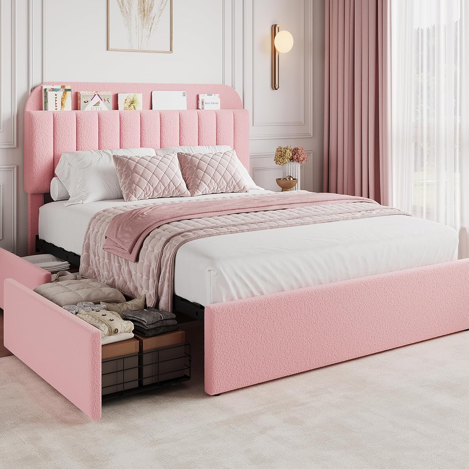 W Storage Headboard ,upholstered Platform Bed With Drawers
