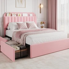 Queen Size Bed Frame w Storage Headboard ,Upholstered Platform Bed with Drawers