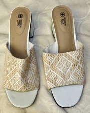 Cushion Walk Avon White & Tan Block Heel Mules Discontinued Woven Textured NWOT