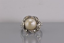 Sterling Silver White Pearl Swirled Marcasite Bezel Band Ring 925 Sz: 7