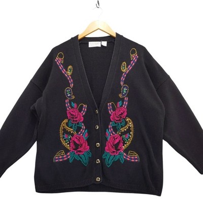 vtg Stefano World Wide Rose Embroidered Sequin Gem Knit Cardigan Sweater 22/24