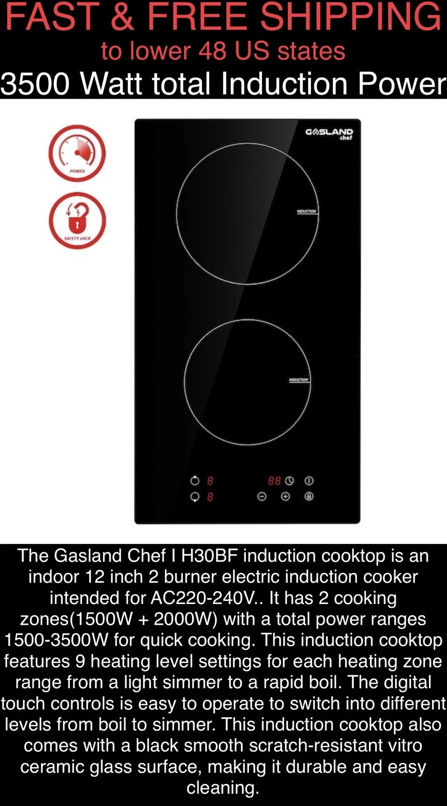 🔥FREE SHIP🔥Gasland Chef Induction⚡️3500-W Built-in Electric Cooktop💥IH30BF